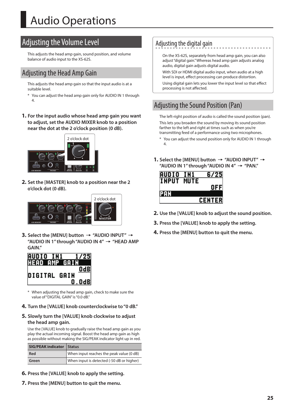 Audio operations, Adjusting the volume level, Adjusting the head amp gain | Adjusting the sound position (pan), P. 25, Adjusting the digital gain | Roland 6-Channel HD Video Switcher with Audio Mixer & PTZ Camera Control (1 RU) User Manual | Page 25 / 48