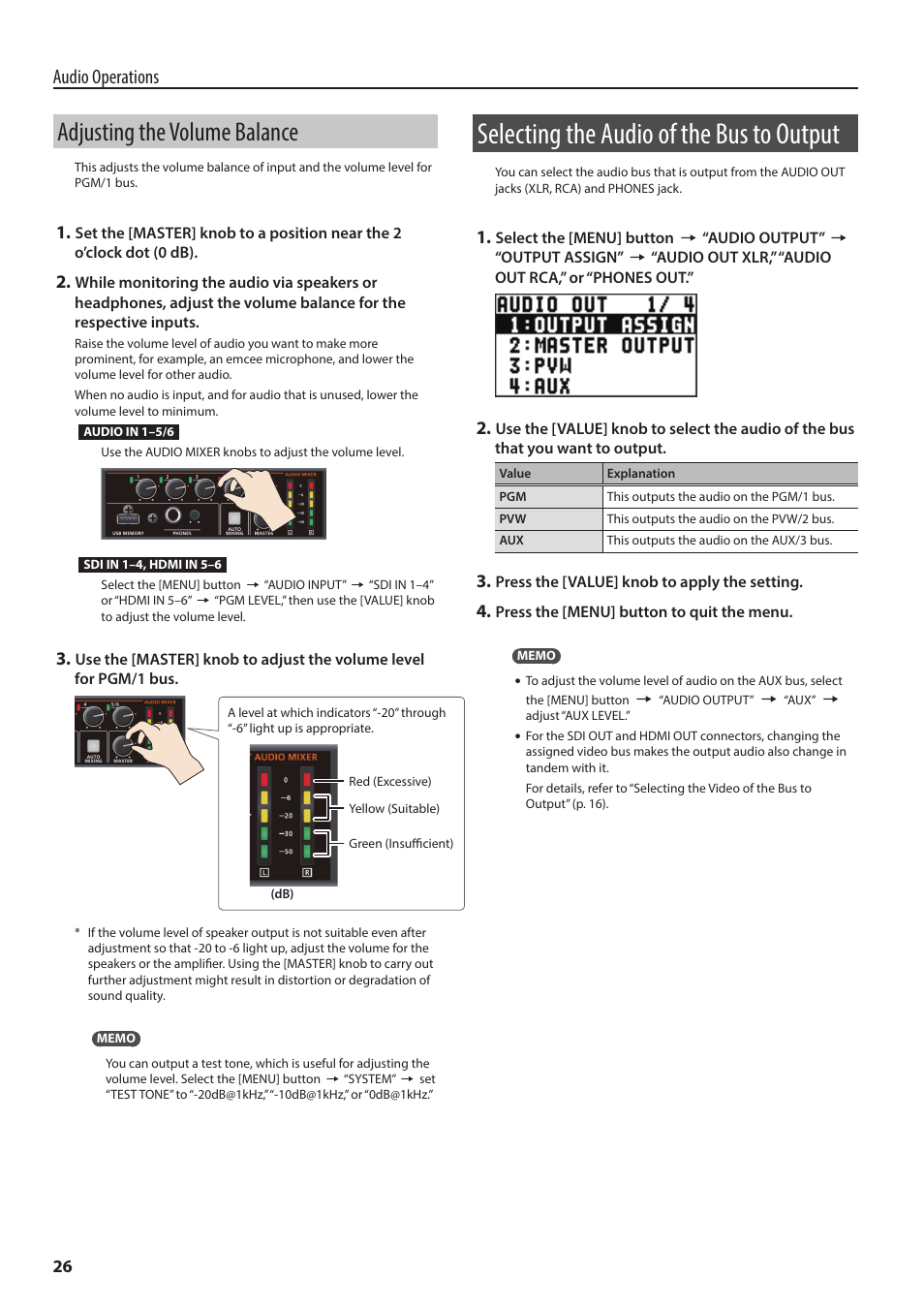 Adjusting the volume balance, Selecting the audio of the bus to output, P. 26 | Audio operations | Roland 6-Channel HD Video Switcher with Audio Mixer & PTZ Camera Control (1 RU) User Manual | Page 26 / 48