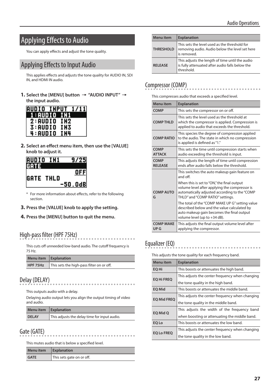 Applying effects to audio, Applying effects to input audio, High-pass filter (hpf 75hz) | Delay (delay), Gate (gate), Compressor (comp), Equalizer (eq), Audio operations | Roland 6-Channel HD Video Switcher with Audio Mixer & PTZ Camera Control (1 RU) User Manual | Page 27 / 48