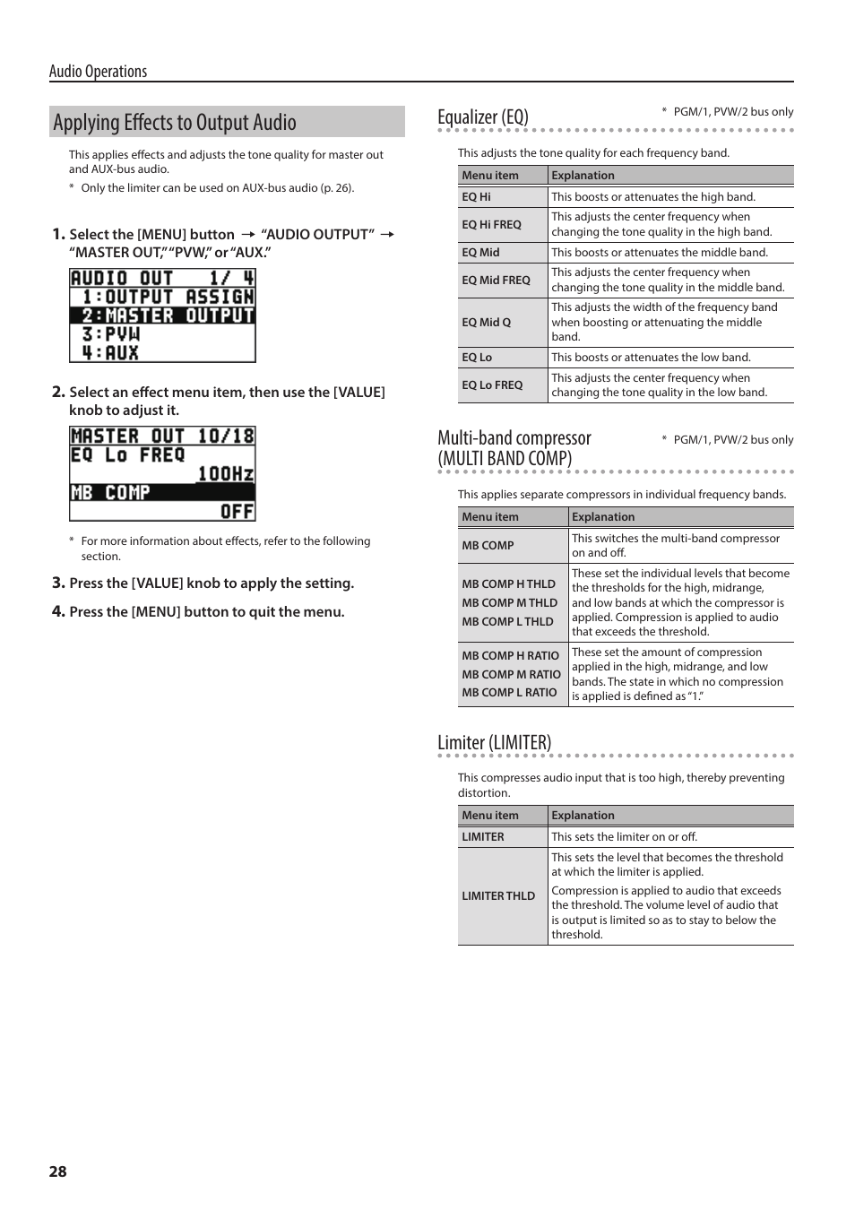 Applying effects to output audio, Equalizer (eq), Multi-band compressor (multi band comp) | Limiter (limiter), Audio operations | Roland 6-Channel HD Video Switcher with Audio Mixer & PTZ Camera Control (1 RU) User Manual | Page 28 / 48