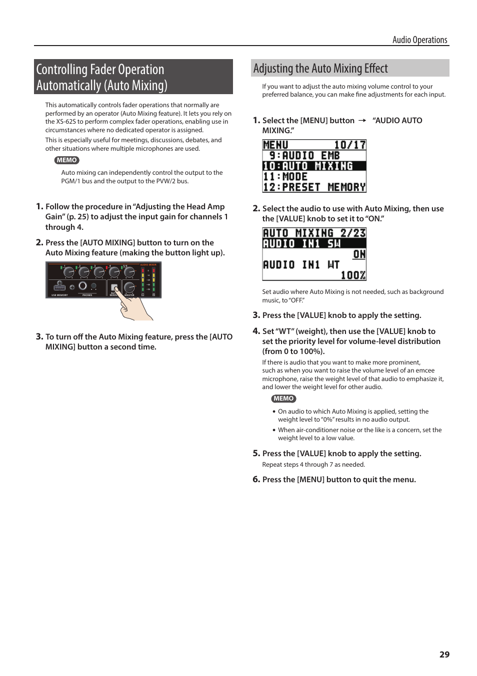 Adjusting the auto mixing effect, P. 29, Audio operations | Roland 6-Channel HD Video Switcher with Audio Mixer & PTZ Camera Control (1 RU) User Manual | Page 29 / 48