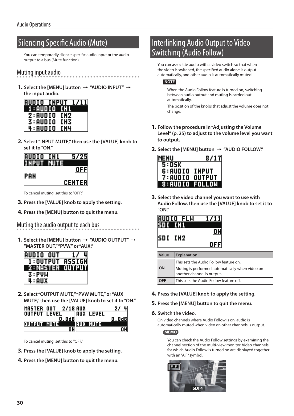 Silencing specific audio (mute), E is on (p. 30), the, Muting input audio | Muting the audio output to each bus, Audio operations | Roland 6-Channel HD Video Switcher with Audio Mixer & PTZ Camera Control (1 RU) User Manual | Page 30 / 48