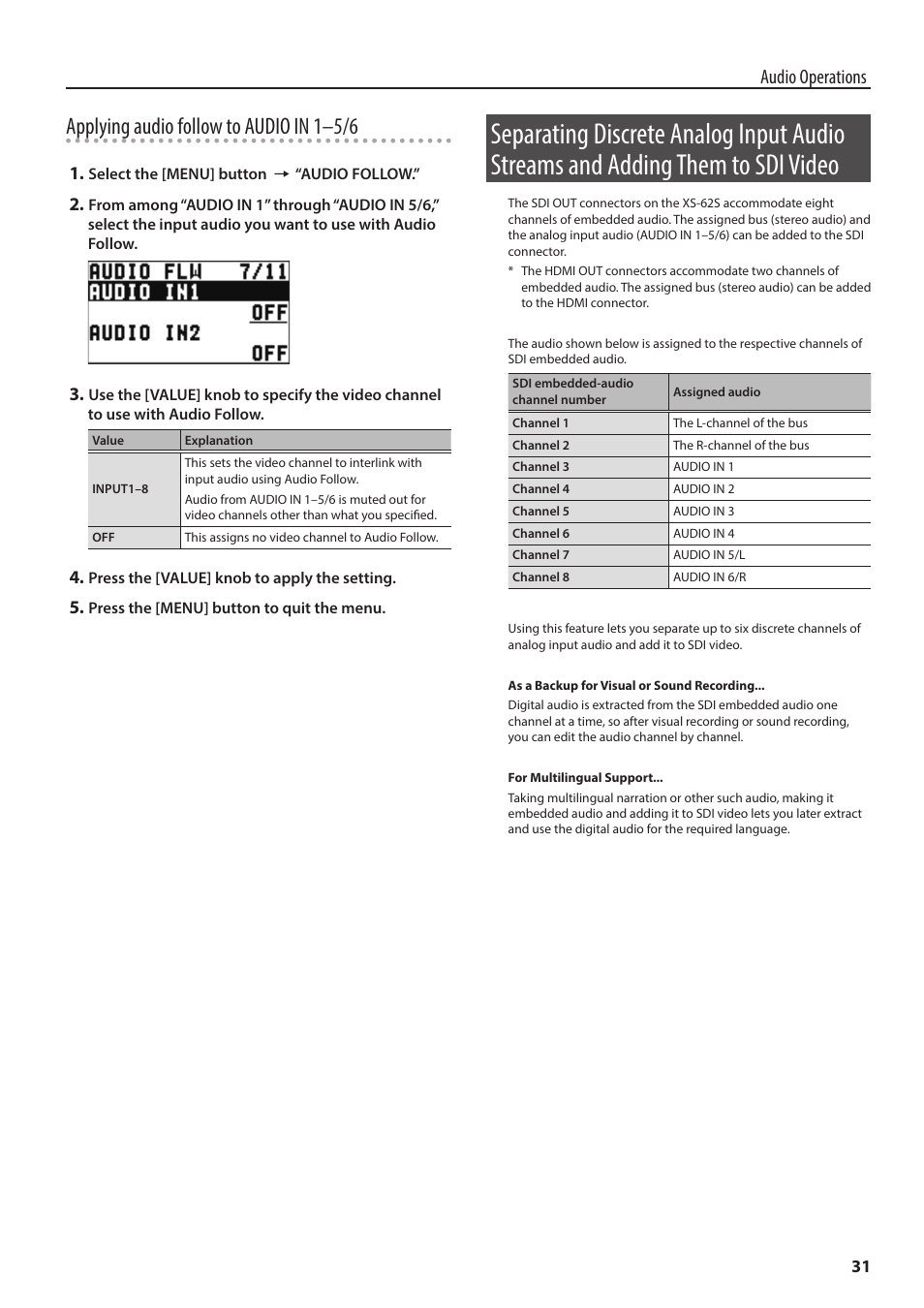 Them to sdi video, Applying audio follow to audio in 1–5/6, Audio operations | Roland 6-Channel HD Video Switcher with Audio Mixer & PTZ Camera Control (1 RU) User Manual | Page 31 / 48