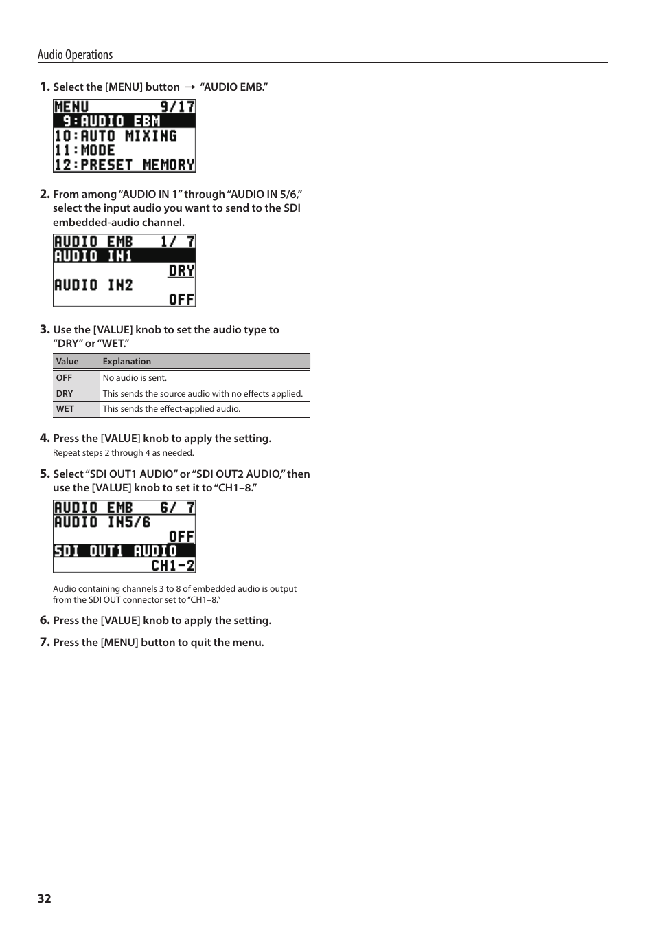 Audio operations | Roland 6-Channel HD Video Switcher with Audio Mixer & PTZ Camera Control (1 RU) User Manual | Page 32 / 48