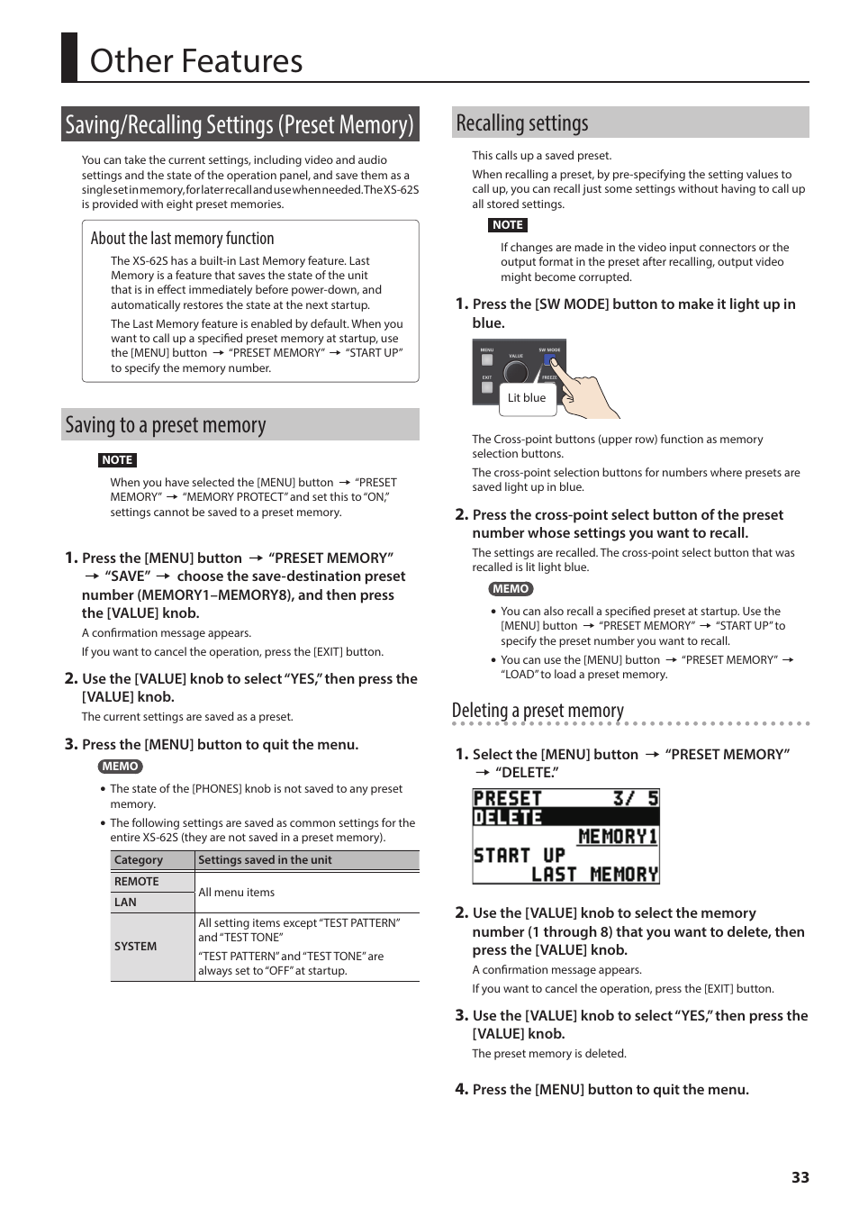 Other features, Saving/recalling settings (preset memory), Saving to a preset memory | Recalling settings, P. 33 | Roland 6-Channel HD Video Switcher with Audio Mixer & PTZ Camera Control (1 RU) User Manual | Page 33 / 48