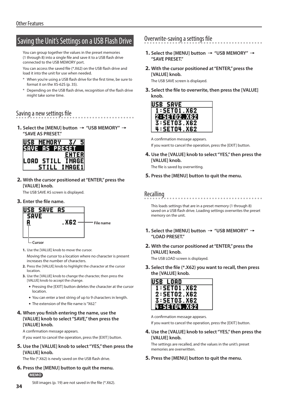 Saving the unit’s settings on a usb flash drive, Saving a new settings file, Overwrite-saving a settings file | Recalling, Other features | Roland 6-Channel HD Video Switcher with Audio Mixer & PTZ Camera Control (1 RU) User Manual | Page 34 / 48