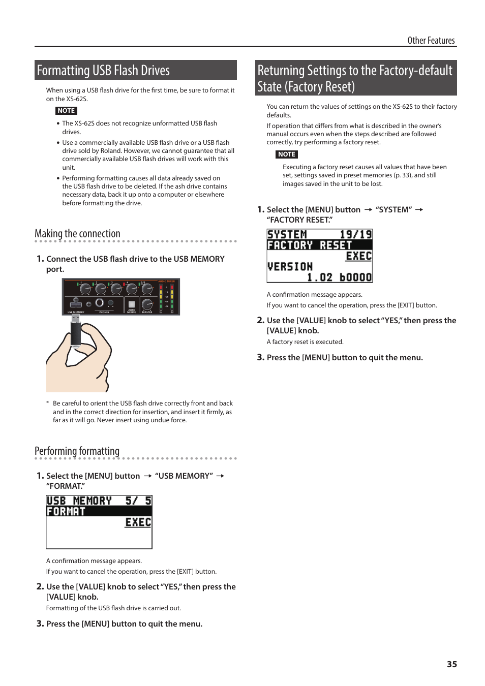 Formatting usb flash drives, Reset), Making the connection | Performing formatting, Other features | Roland 6-Channel HD Video Switcher with Audio Mixer & PTZ Camera Control (1 RU) User Manual | Page 35 / 48