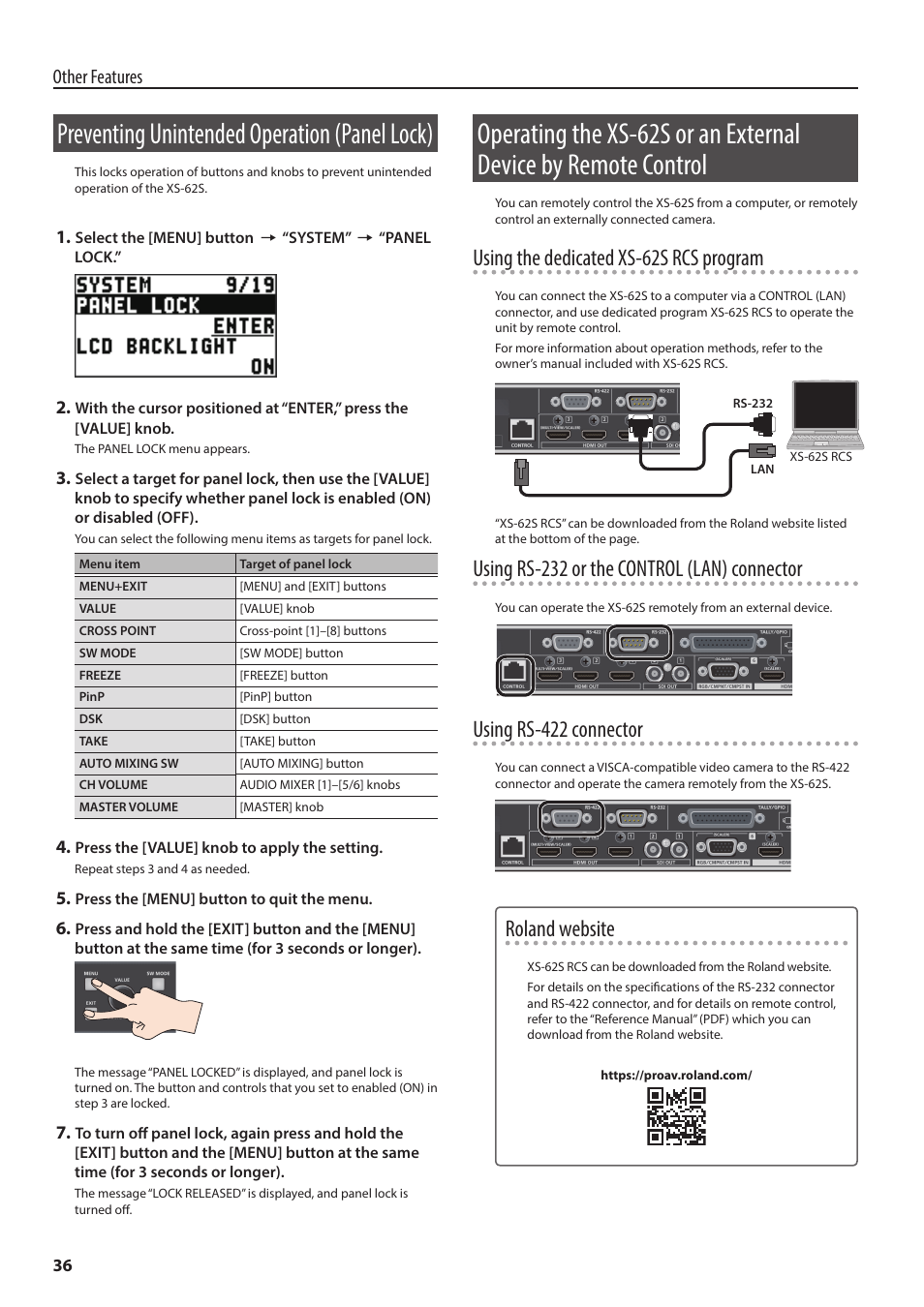 Preventing unintended operation (panel lock), Control, P. 36 | Er (p. 36, Using the dedicated xs-62s rcs program, Using rs-232 or the control (lan) connector, Using rs-422 connector, Roland website, Other features | Roland 6-Channel HD Video Switcher with Audio Mixer & PTZ Camera Control (1 RU) User Manual | Page 36 / 48