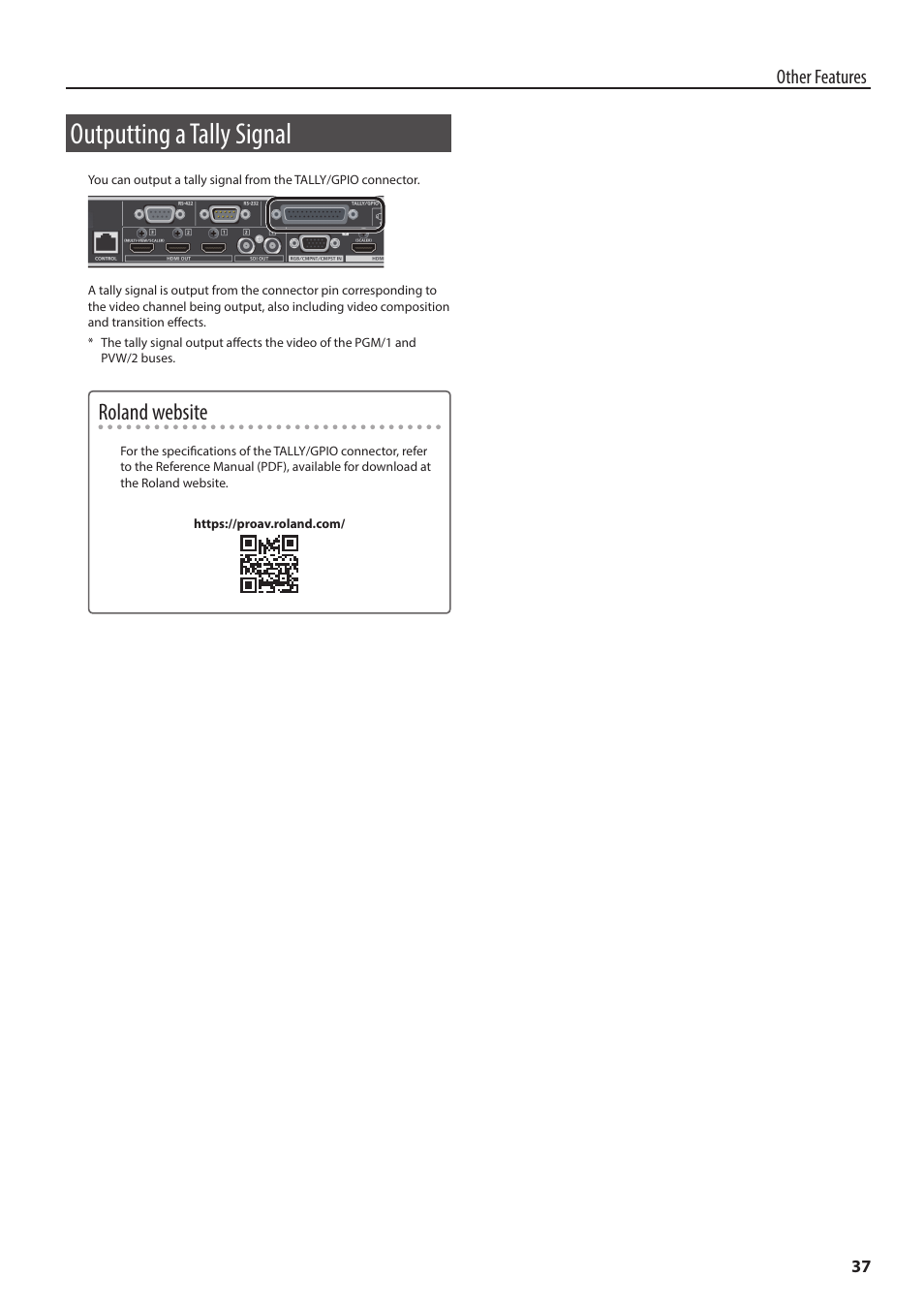 Outputting a tally signal, Roland website, Other features | Roland 6-Channel HD Video Switcher with Audio Mixer & PTZ Camera Control (1 RU) User Manual | Page 37 / 48