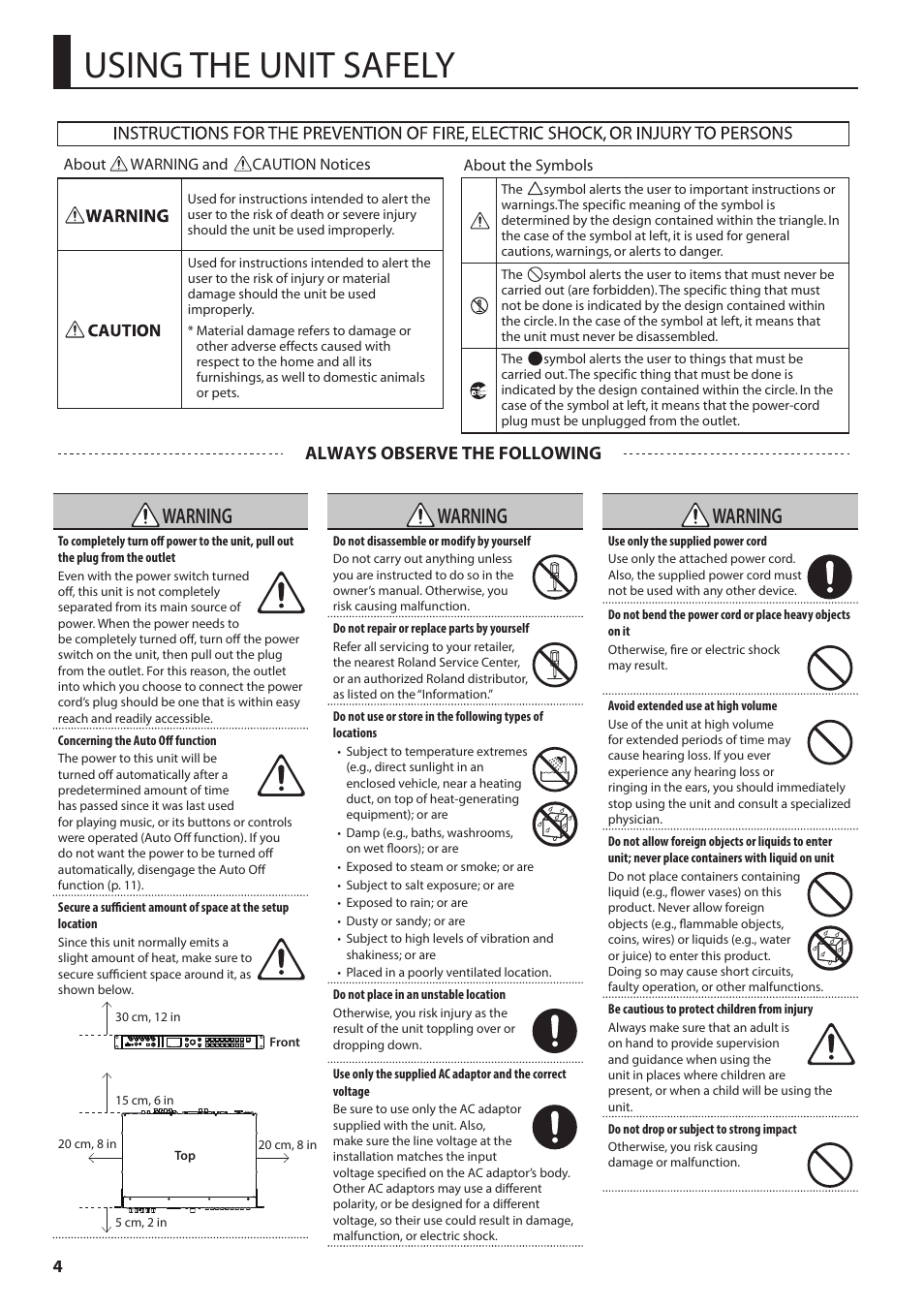 Using the unit safely, P. 4, Warning | Always observe the following | Roland 6-Channel HD Video Switcher with Audio Mixer & PTZ Camera Control (1 RU) User Manual | Page 4 / 48