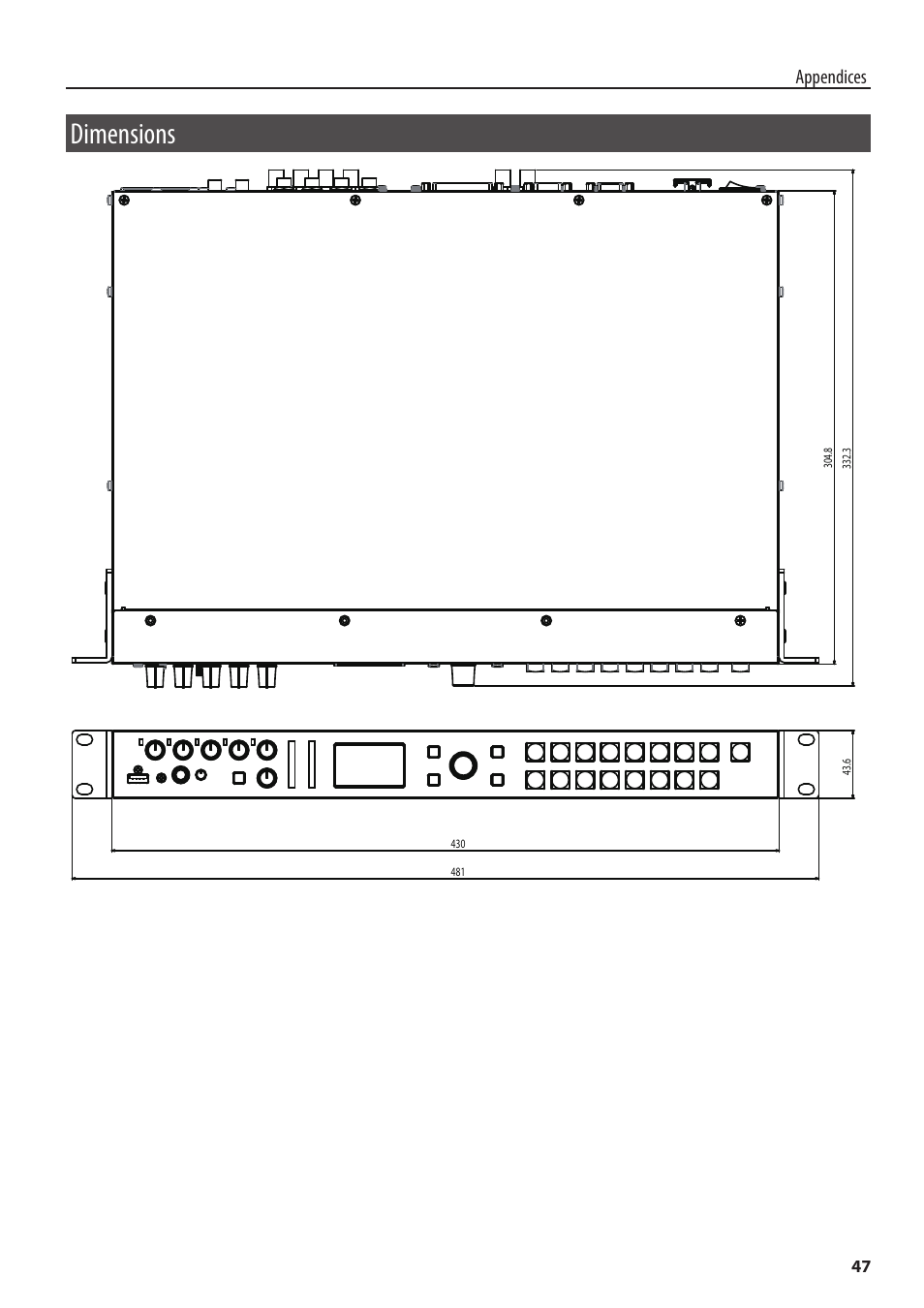 Dimensions, Appendices | Roland 6-Channel HD Video Switcher with Audio Mixer & PTZ Camera Control (1 RU) User Manual | Page 47 / 48