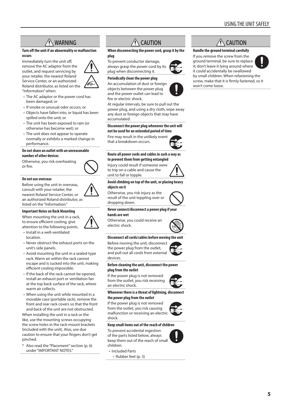 Warning, Caution, Using the unit safely | Roland 6-Channel HD Video Switcher with Audio Mixer & PTZ Camera Control (1 RU) User Manual | Page 5 / 48