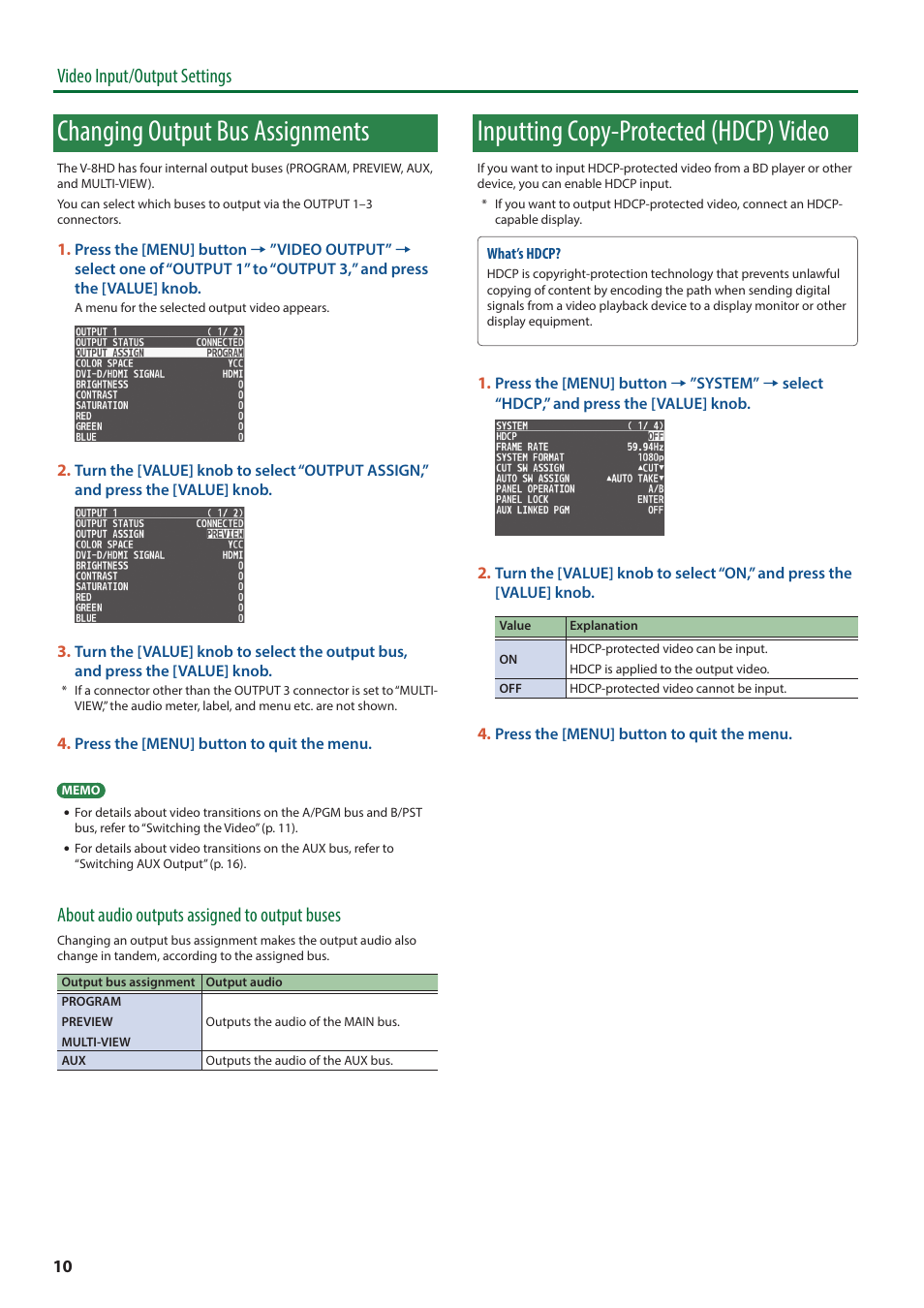 Changing output bus assignments, Inputting copy-protected (hdcp) video, Video input/output settings | About audio outputs assigned to output buses | Roland V-8HD HDMI Video Switcher User Manual | Page 10 / 90