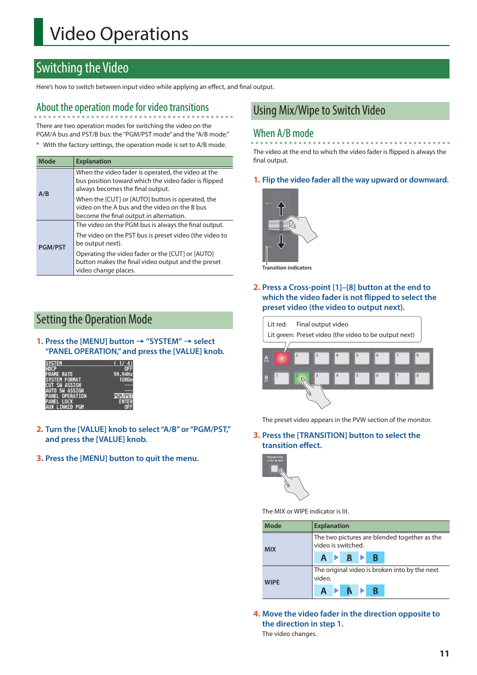 Video operations, Switching the video, Setting the operation mode | Using mix/wipe to switch video, About the operation mode for video transitions, When a/b mode | Roland V-8HD HDMI Video Switcher User Manual | Page 11 / 90