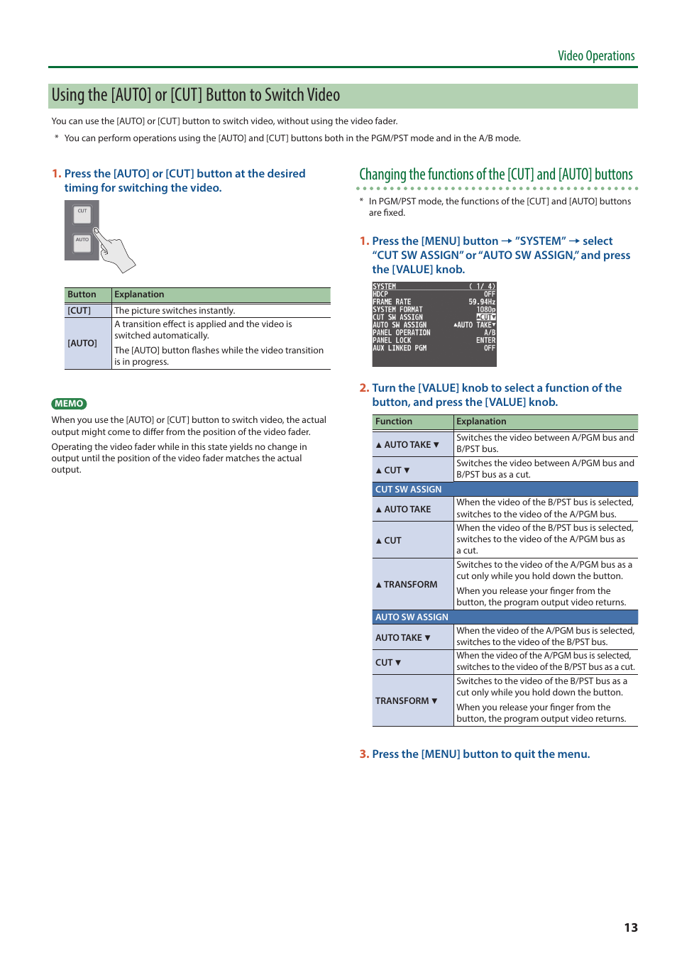 Using the [auto] or [cut] button to switch video, Video operations | Roland V-8HD HDMI Video Switcher User Manual | Page 13 / 90