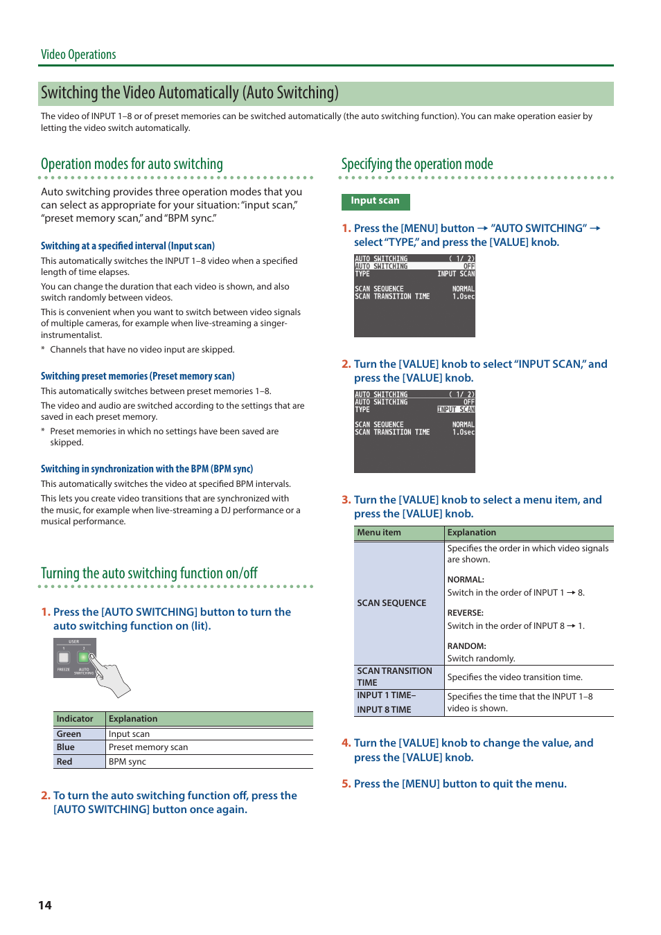 Switching the video automatically (auto switching), Operation modes for auto switching, Turning the auto switching function on/off | Specifying the operation mode, Video operations | Roland V-8HD HDMI Video Switcher User Manual | Page 14 / 90