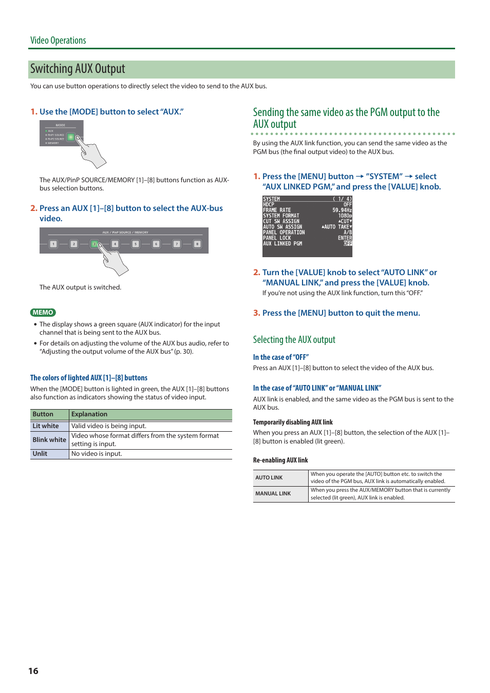 Switching aux output, Video operations, Selecting the aux output | Roland V-8HD HDMI Video Switcher User Manual | Page 16 / 90