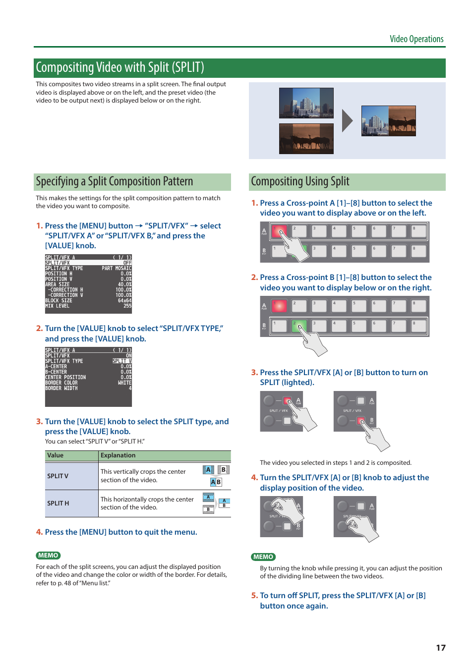 Compositing video with split (split), Specifying a split composition pattern, Compositing using split | Video operations | Roland V-8HD HDMI Video Switcher User Manual | Page 17 / 90