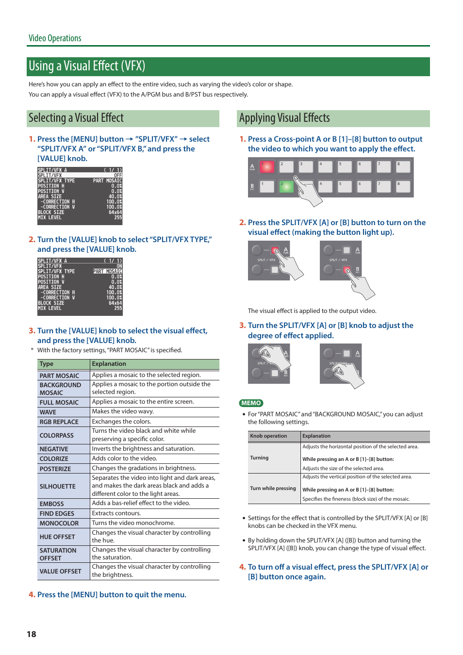 Using a visual effect (vfx), Selecting a visual effect, Applying visual effects | Video operations | Roland V-8HD HDMI Video Switcher User Manual | Page 18 / 90