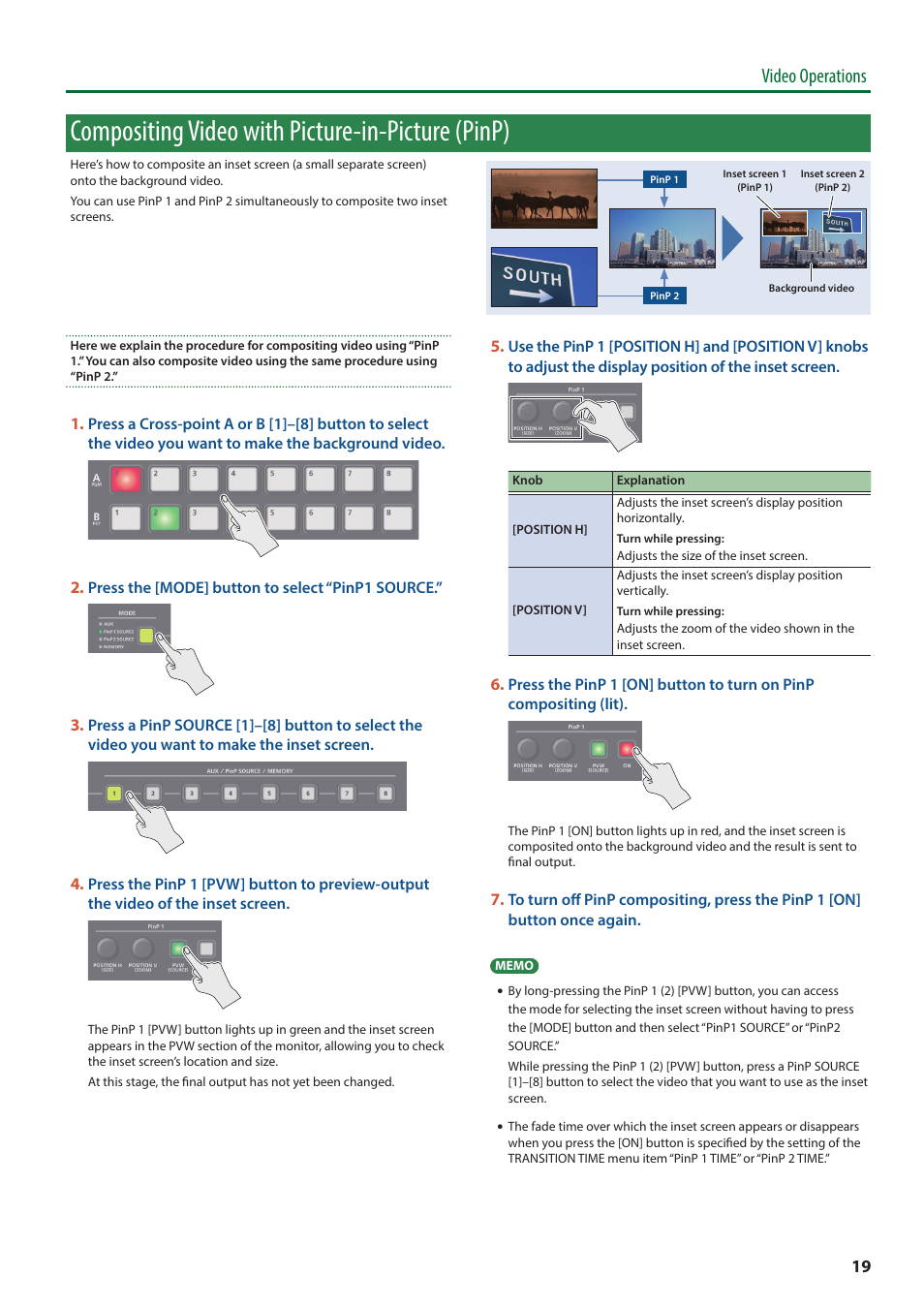 Compositing video with picture-in-picture (pinp), Video operations | Roland V-8HD HDMI Video Switcher User Manual | Page 19 / 90