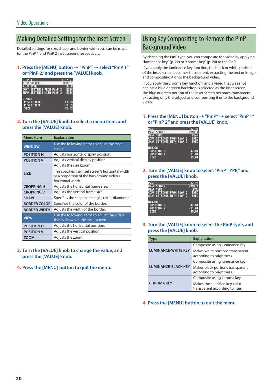 Making detailed settings for the inset screen, Video operations | Roland V-8HD HDMI Video Switcher User Manual | Page 20 / 90