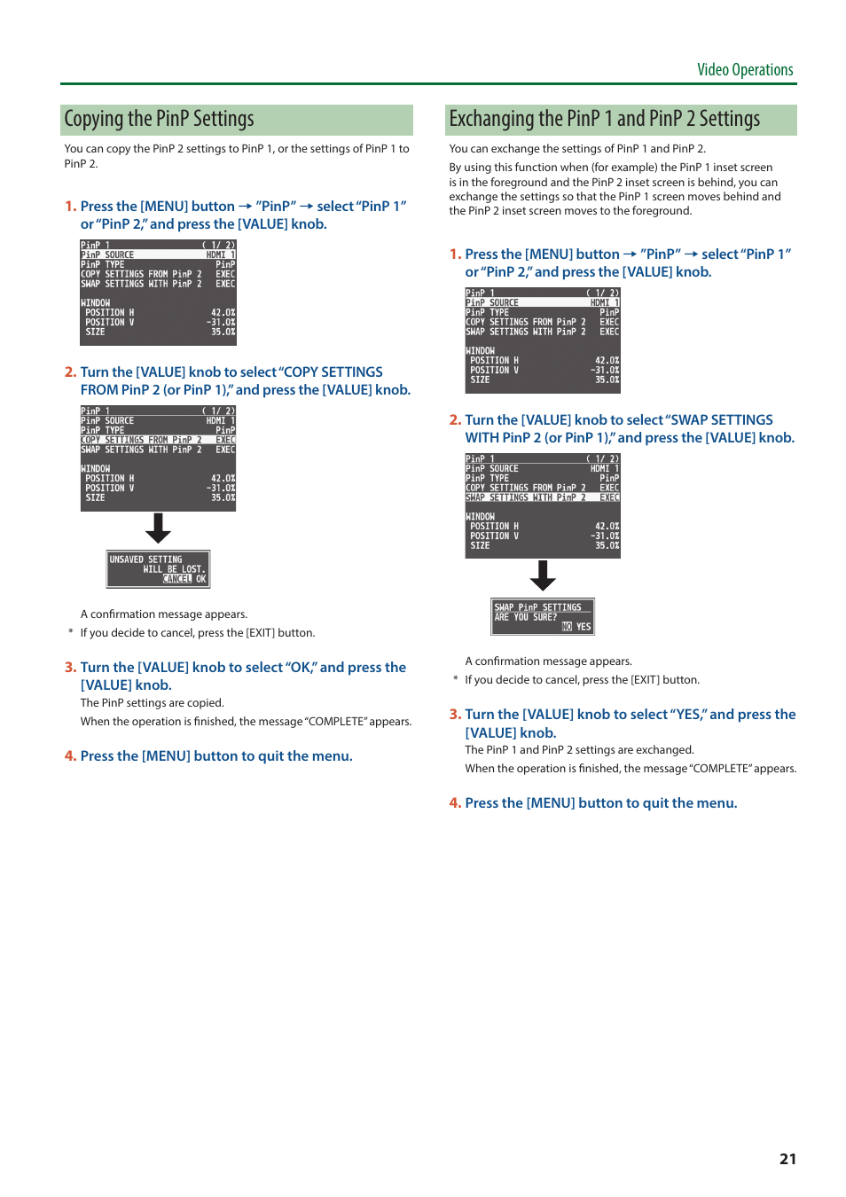 Copying the pinp settings, Exchanging the pinp 1 and pinp 2 settings, Video operations | Roland V-8HD HDMI Video Switcher User Manual | Page 21 / 90