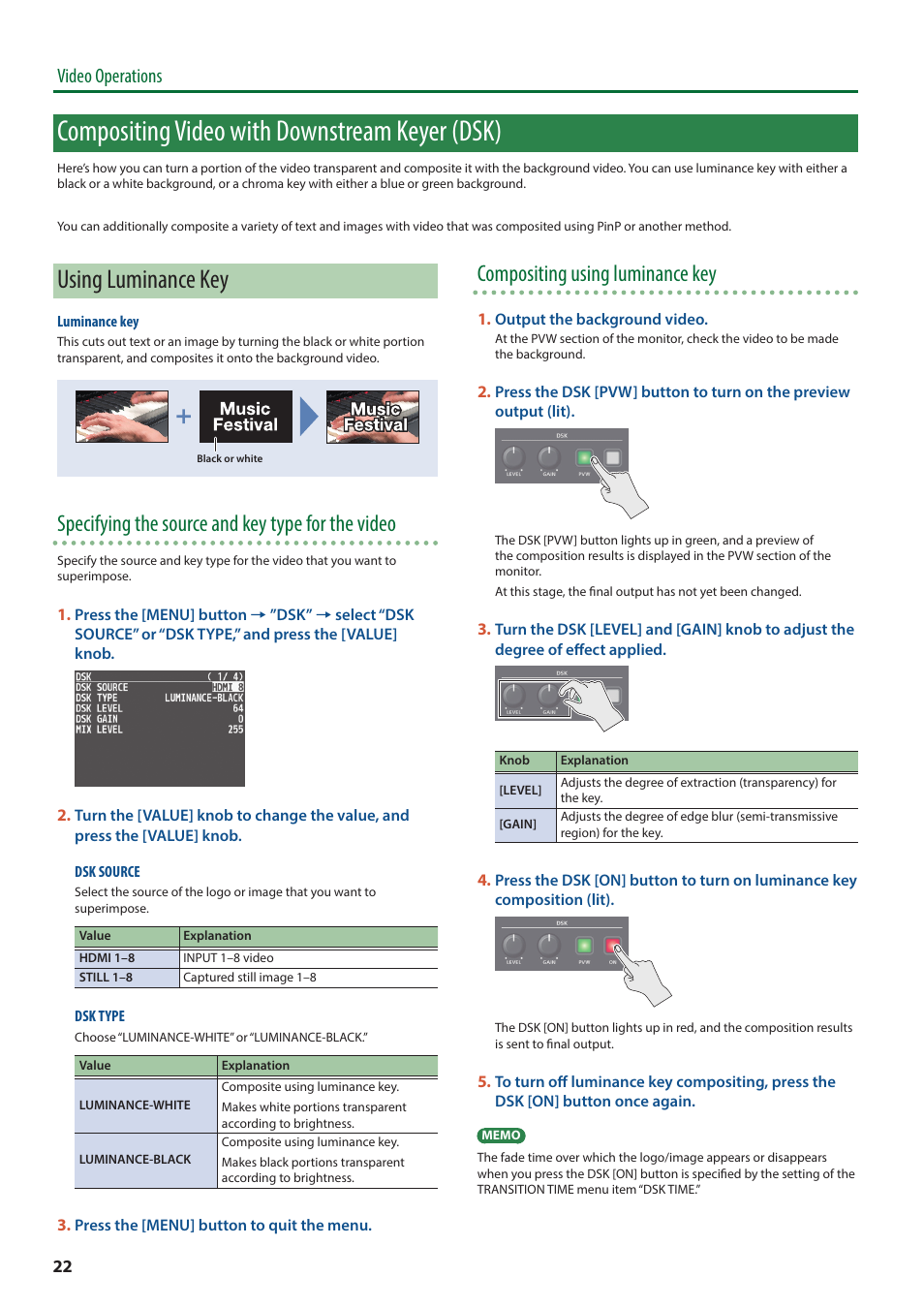 Compositing video with downstream keyer (dsk), Using luminance key, Specifying the source and key type for the video | Compositing using luminance key, Video operations | Roland V-8HD HDMI Video Switcher User Manual | Page 22 / 90