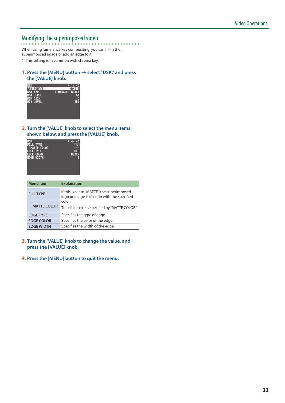 Modifying the superimposed video, Video operations | Roland V-8HD HDMI Video Switcher User Manual | Page 23 / 90