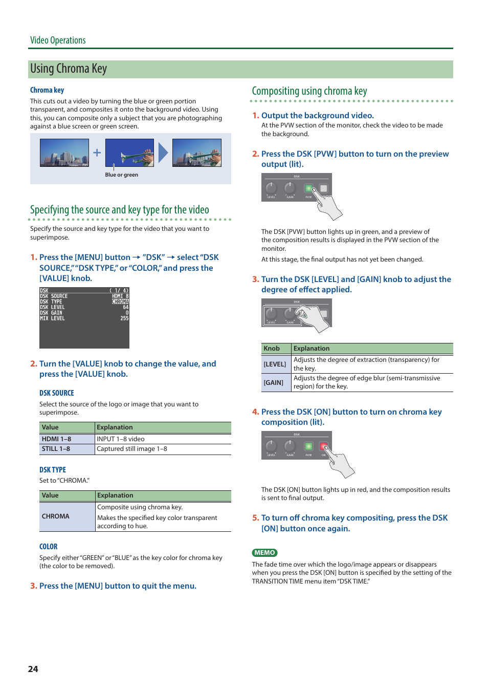 Using chroma key, Specifying the source and key type for the video, Compositing using chroma key | Video operations | Roland V-8HD HDMI Video Switcher User Manual | Page 24 / 90