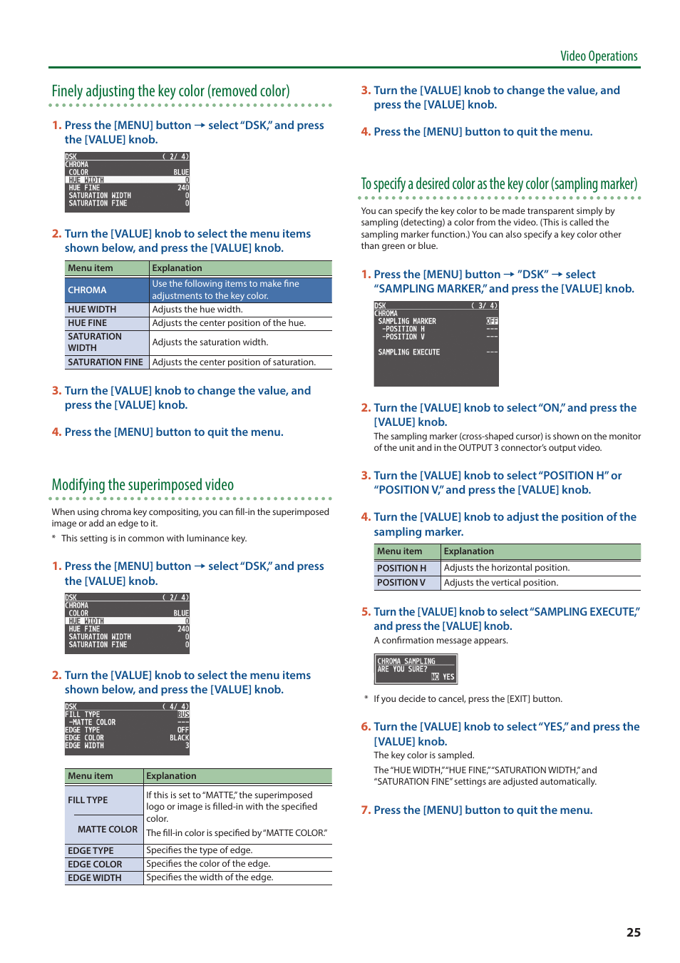 Finely adjusting the key color (removed color), Modifying the superimposed video, Video operations | Roland V-8HD HDMI Video Switcher User Manual | Page 25 / 90