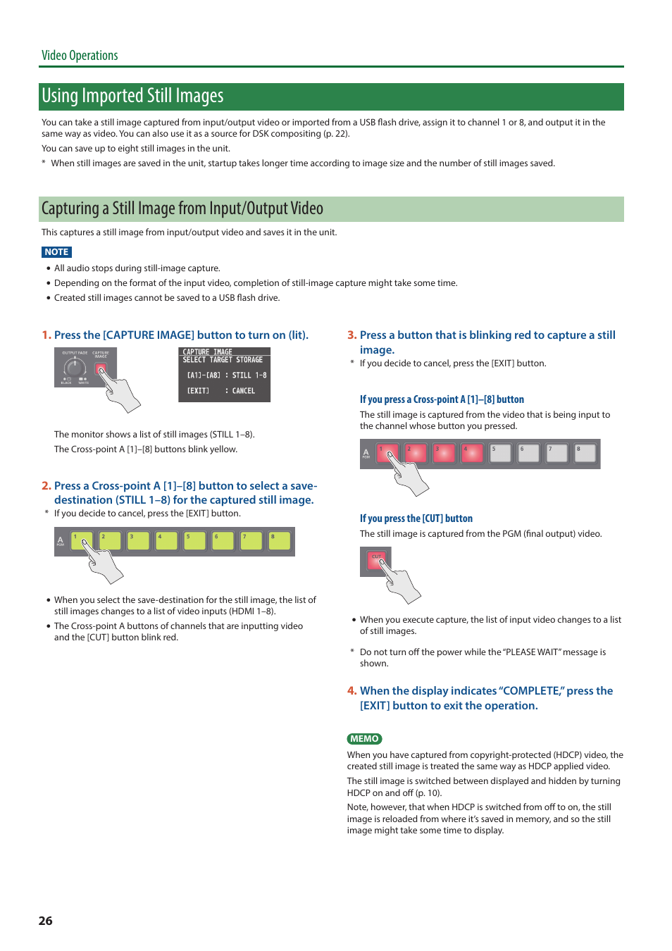 Using imported still images, Capturing a still image from input/output video, Video operations | Roland V-8HD HDMI Video Switcher User Manual | Page 26 / 90