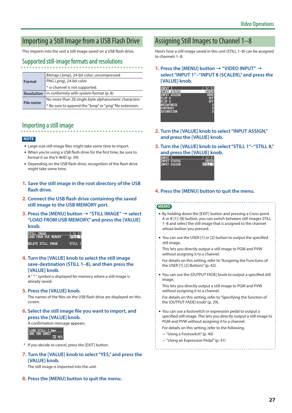 Importing a still image from a usb flash drive, Assigning still images to channel 1–8, Supported still-image formats and resolutions | Importing a still image, Video operations | Roland V-8HD HDMI Video Switcher User Manual | Page 27 / 90