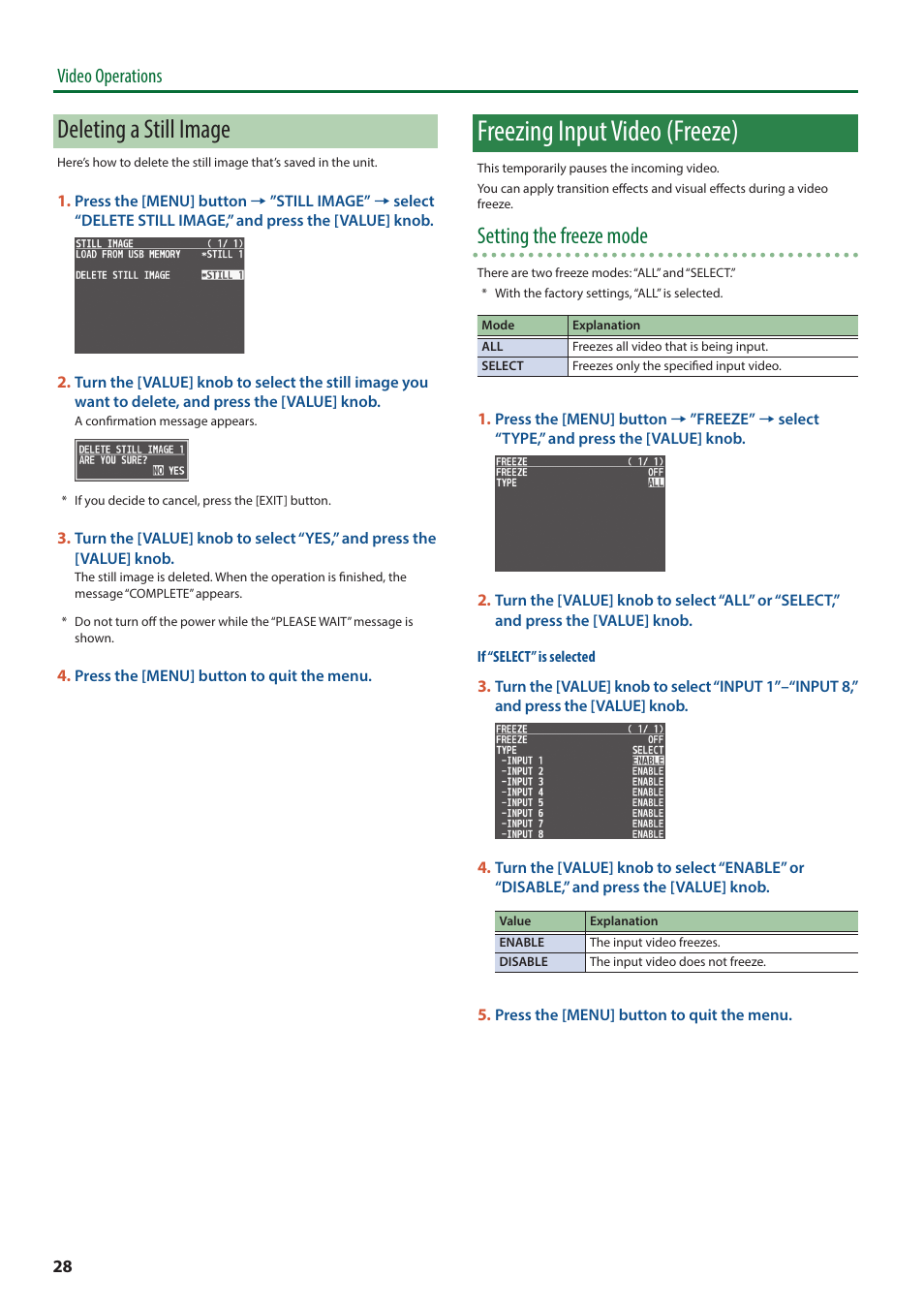 Freezing input video (freeze), Deleting a still image, Setting the freeze mode | Video operations | Roland V-8HD HDMI Video Switcher User Manual | Page 28 / 90