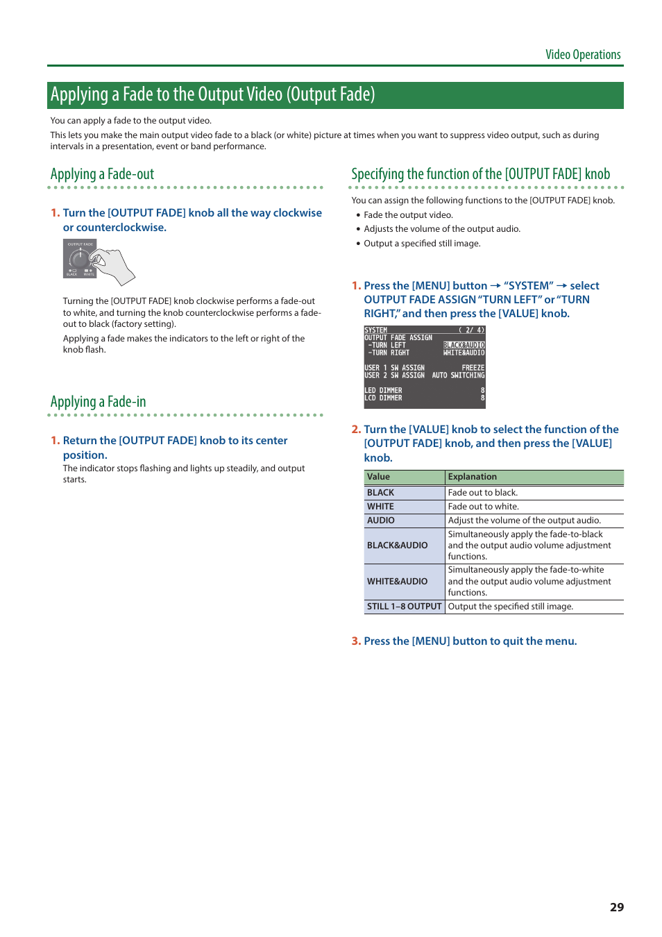 Applying a fade to the output video (output fade), O “specifying the function of, The [output fade] knob” (p. 29) | Applying a fade-out, Applying a fade-in, Specifying the function of the [output fade] knob, Video operations | Roland V-8HD HDMI Video Switcher User Manual | Page 29 / 90