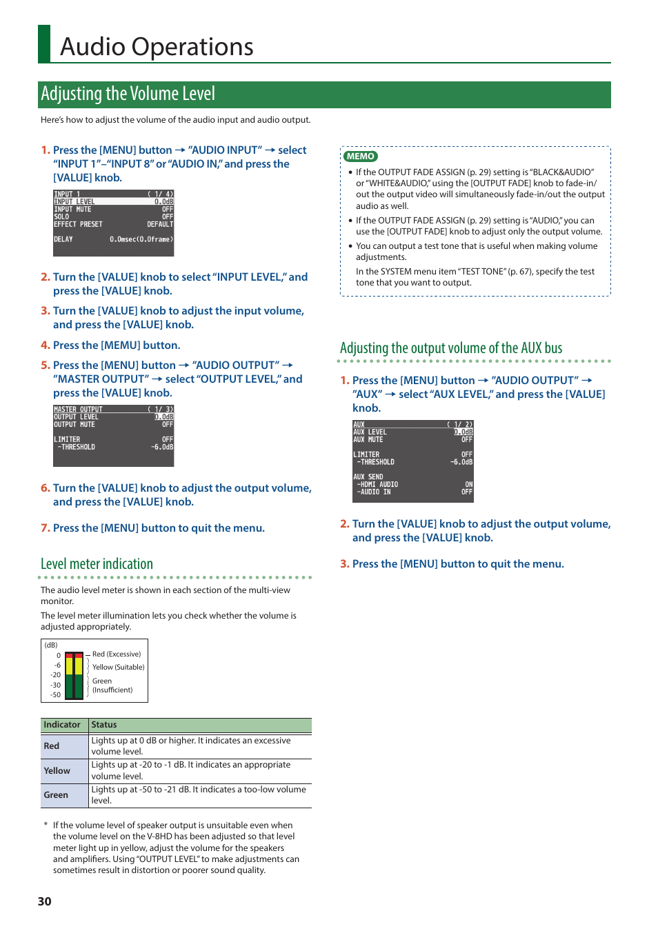 Audio operations, Adjusting the volume level, Level meter indication | Adjusting the output volume of the aux bus | Roland V-8HD HDMI Video Switcher User Manual | Page 30 / 90