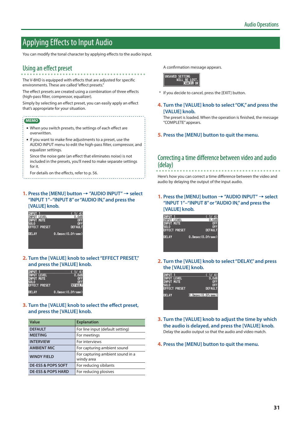 Applying effects to input audio, Using an effect preset, Audio operations | Roland V-8HD HDMI Video Switcher User Manual | Page 31 / 90