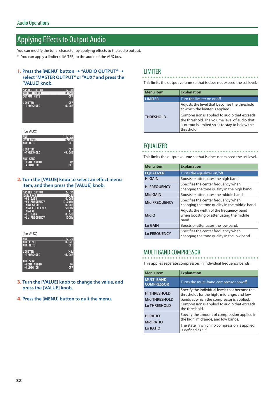 Applying effects to output audio, Limiter, Equalizer | Multi band compressor, Audio operations | Roland V-8HD HDMI Video Switcher User Manual | Page 32 / 90