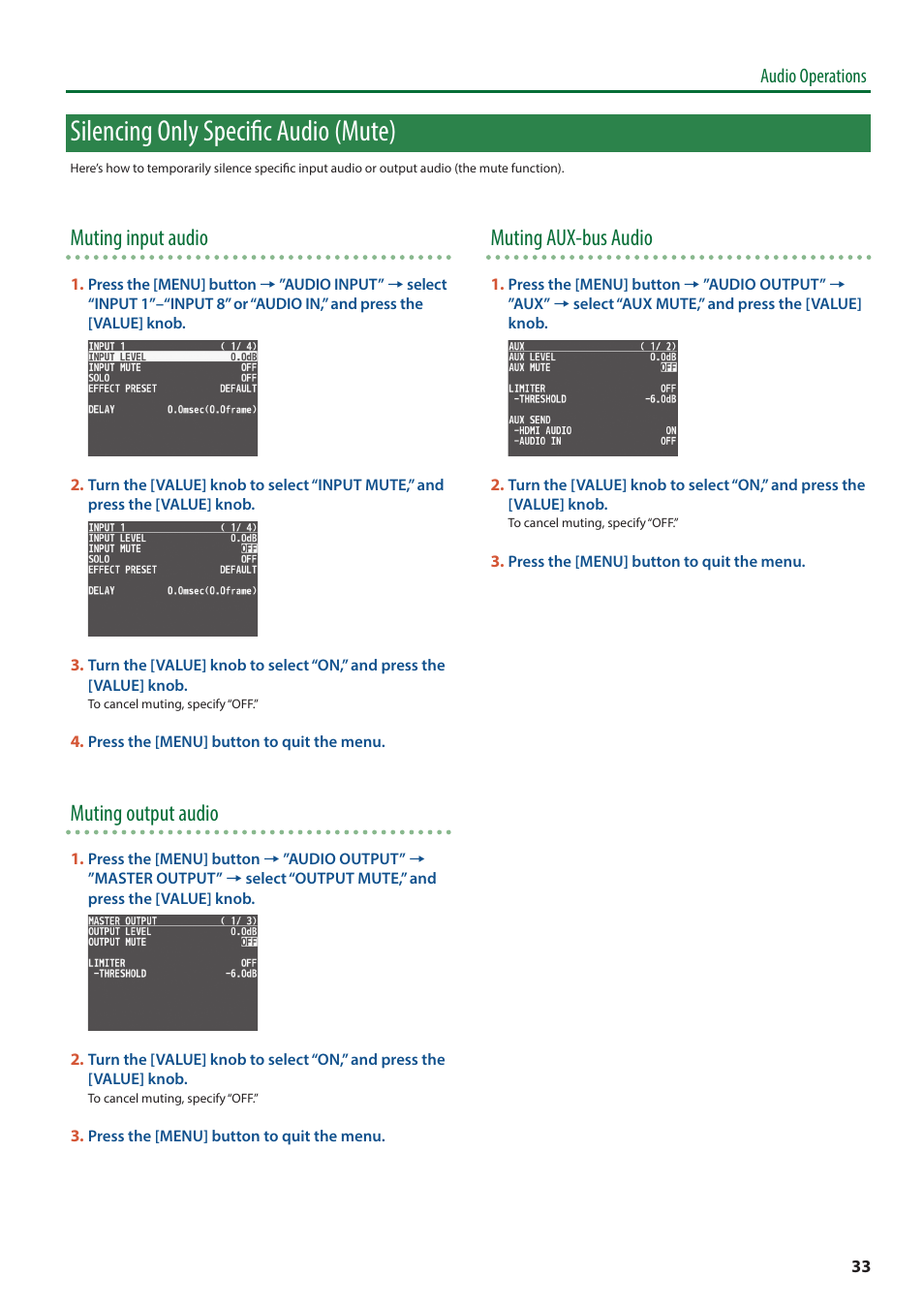 Silencing only specific audio (mute), Muting input audio, Muting output audio | Muting aux-bus audio | Roland V-8HD HDMI Video Switcher User Manual | Page 33 / 90