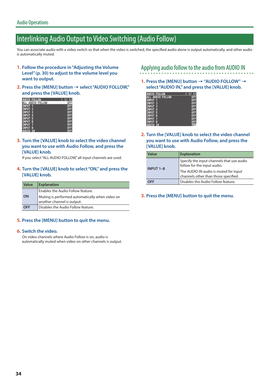 Interlinking audio output to video switching, Audio follow), Applying audio follow to the audio from audio in | Audio operations | Roland V-8HD HDMI Video Switcher User Manual | Page 34 / 90