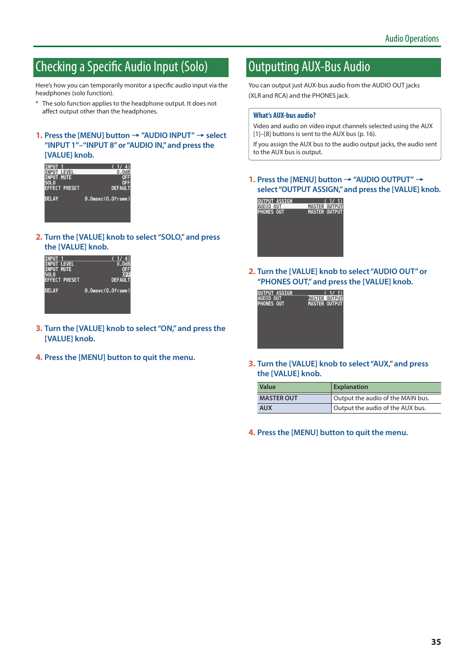 Checking a specific audio input (solo), Outputting aux-bus audio, Audio operations | Roland V-8HD HDMI Video Switcher User Manual | Page 35 / 90