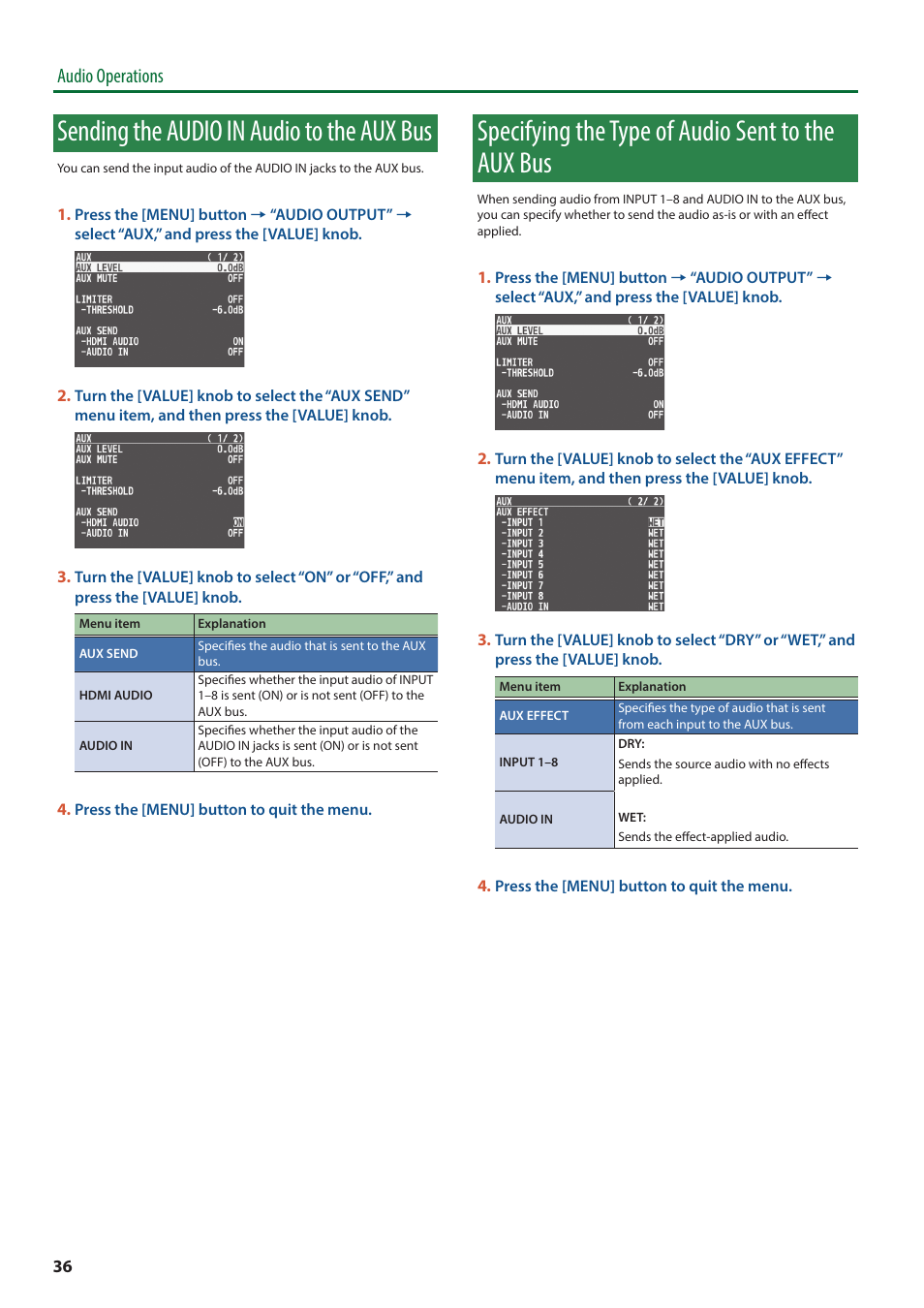 Sending the audio in audio to the aux bus, Specifying the type of audio sent to the aux bus, Audio operations | Roland V-8HD HDMI Video Switcher User Manual | Page 36 / 90