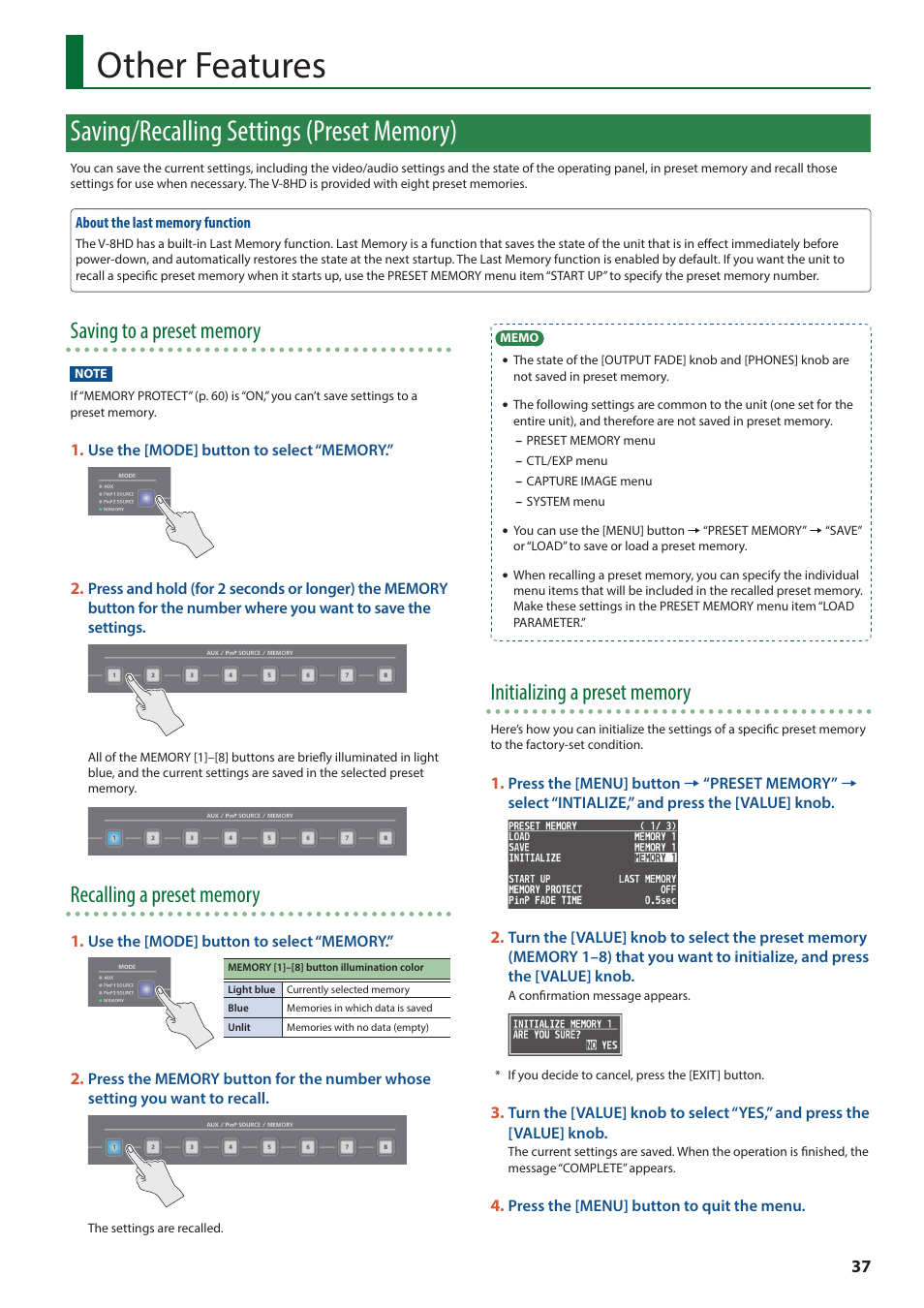 Other features, Saving/recalling settings (preset memory) | Roland V-8HD HDMI Video Switcher User Manual | Page 37 / 90