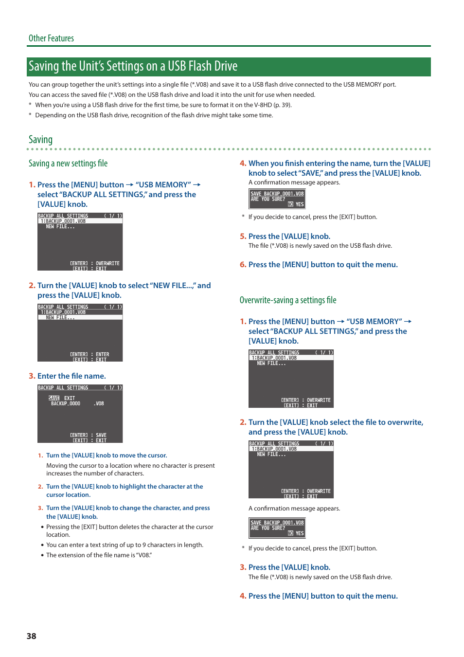 Saving the unit’s settings on a usb flash drive, Saving, Other features saving a new settings file | Overwrite-saving a settings file | Roland V-8HD HDMI Video Switcher User Manual | Page 38 / 90