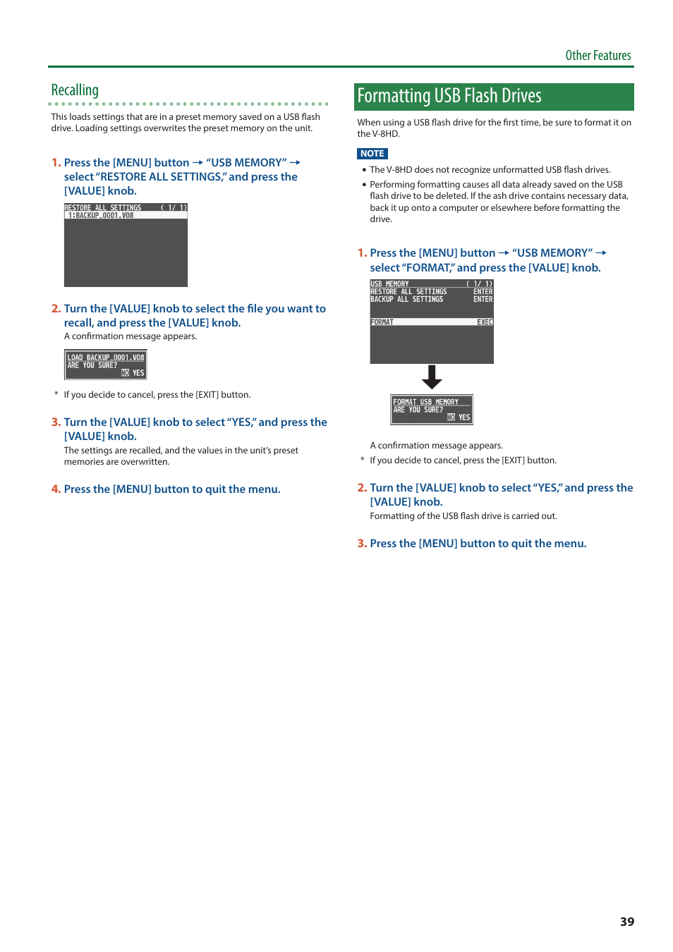 Formatting usb flash drives, 8hd (p. 39), Recalling | Other features | Roland V-8HD HDMI Video Switcher User Manual | Page 39 / 90