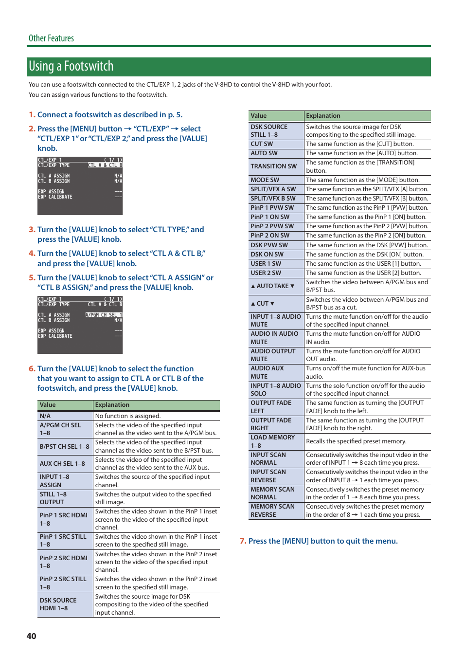 Using a footswitch, Using a footswitch” (p. 40), Other features | Roland V-8HD HDMI Video Switcher User Manual | Page 40 / 90