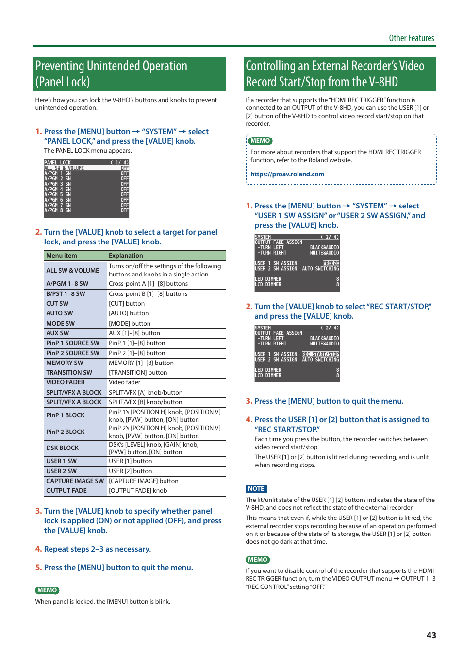 Preventing unintended operation (panel lock), From the v-8hd, Other features | Roland V-8HD HDMI Video Switcher User Manual | Page 43 / 90