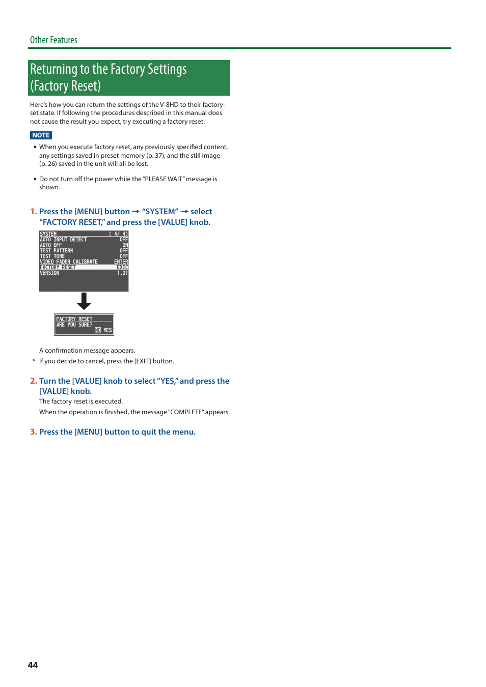 Returning to the factory settings (factory reset), Other features | Roland V-8HD HDMI Video Switcher User Manual | Page 44 / 90