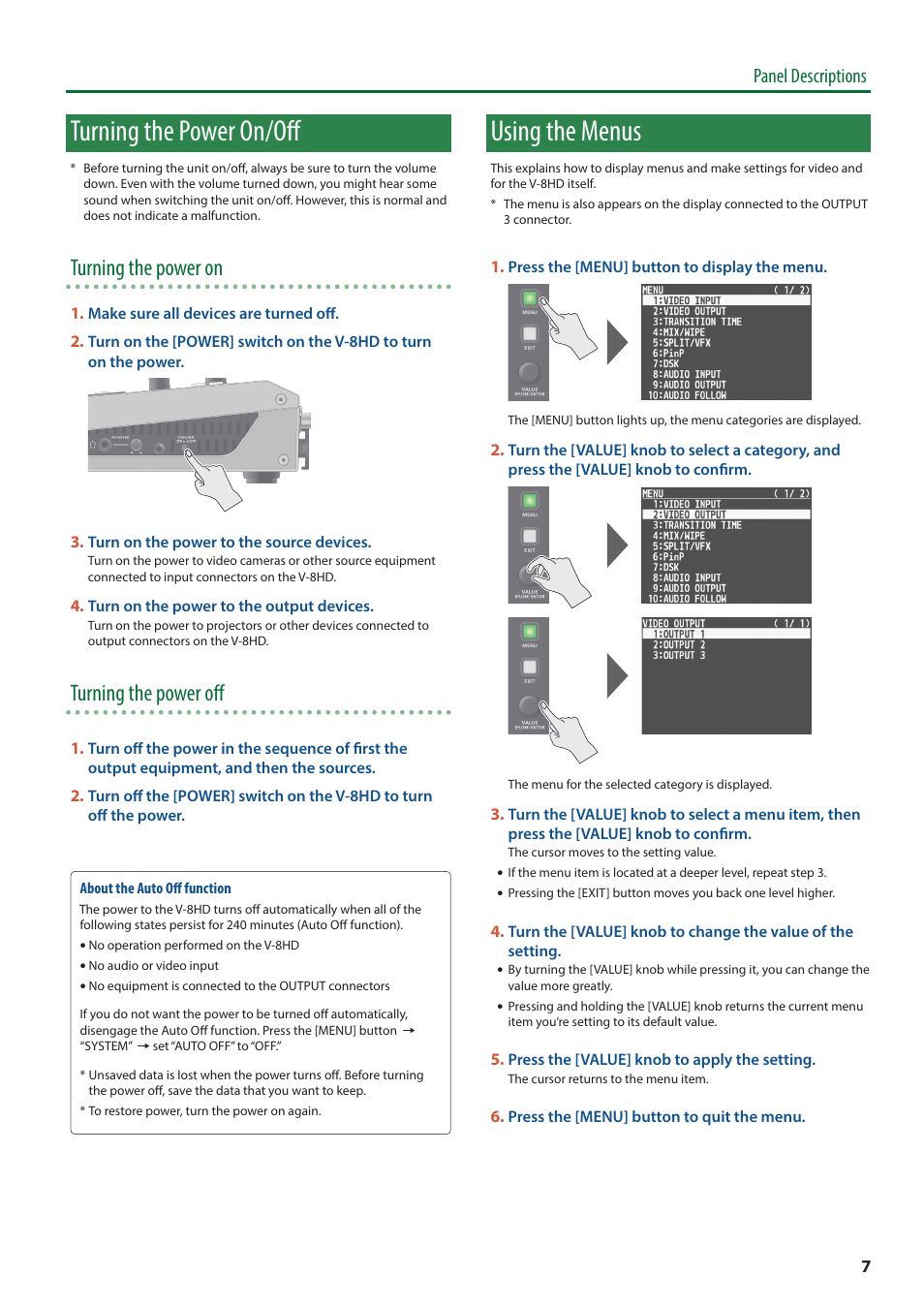 Turning the power on/off, Using the menus, Turning the power on | Turning the power off, Panel descriptions | Roland V-8HD HDMI Video Switcher User Manual | Page 7 / 90