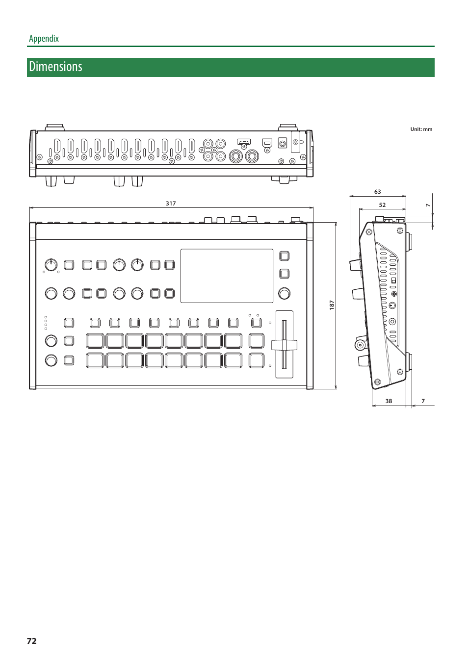 Dimensions, Appendix | Roland V-8HD HDMI Video Switcher User Manual | Page 72 / 90