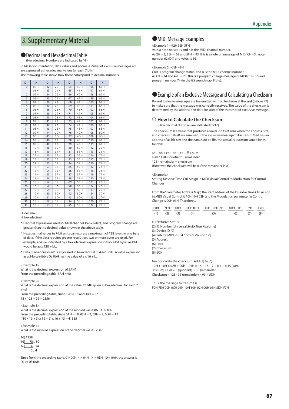 Supplementary material, Appendix, 7 decimal and hexadecimal table | 7 midi message examples, 6 how to calculate the checksum | Roland V-8HD HDMI Video Switcher User Manual | Page 87 / 90